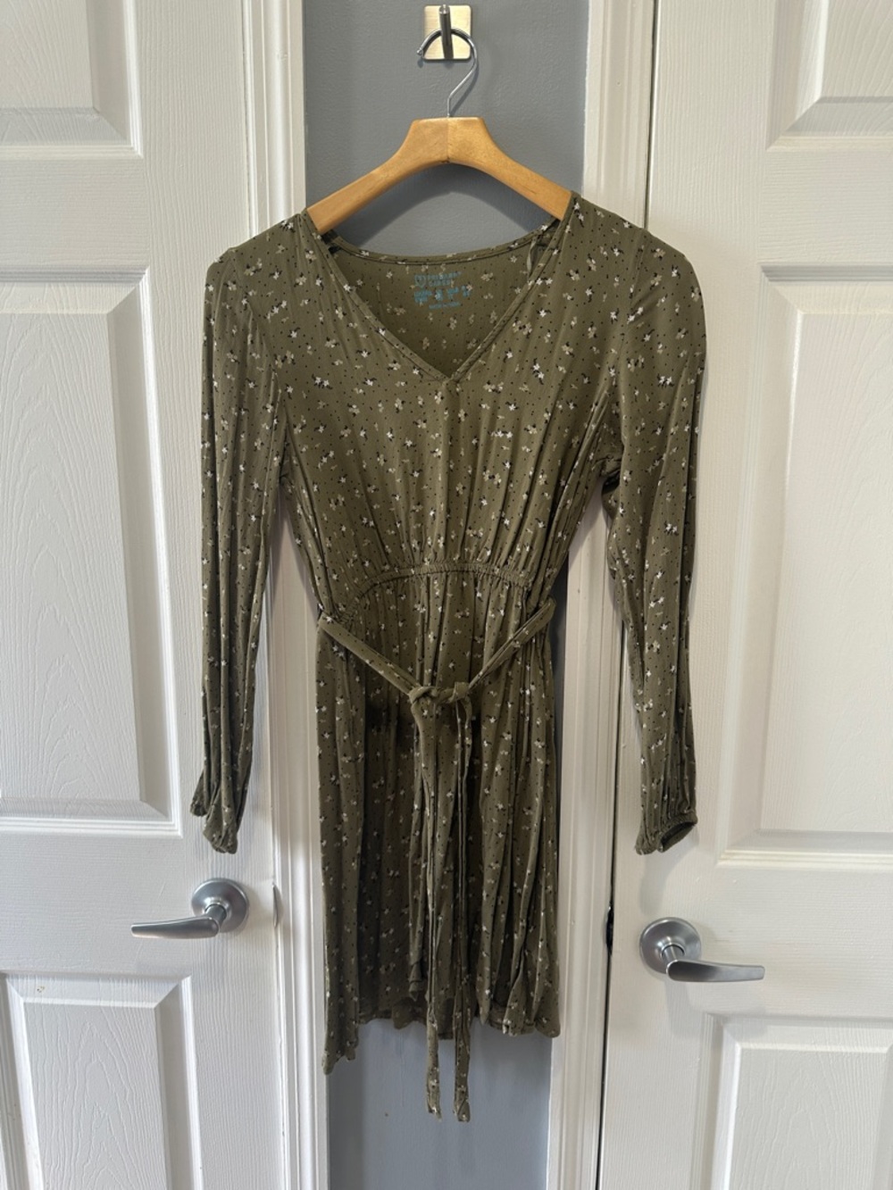 Primark Olive Green Floral Tie-Waist Long Sleeve Dress